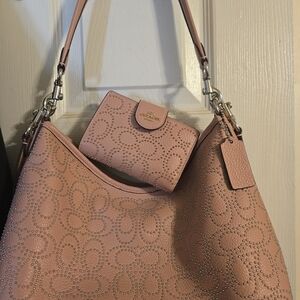 Coach Women's Pink Studded Leather Hobo Bag with Matching Wallet